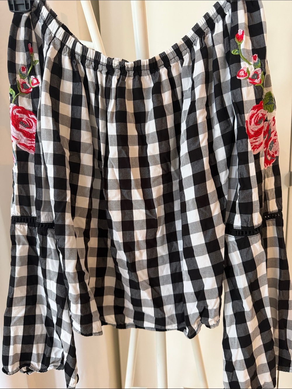 Black and White Gingham Off-Shoulder Blouse with Rose Embroidery